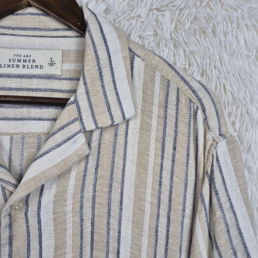 Abercrombie & Fitch Mens L Summer Linen Blend Striped Camp Crochet Shirt Resort